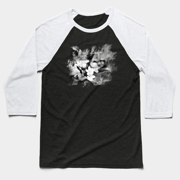 butterflies and Frangipani in black and white Baseball T-Shirt by hereswendy